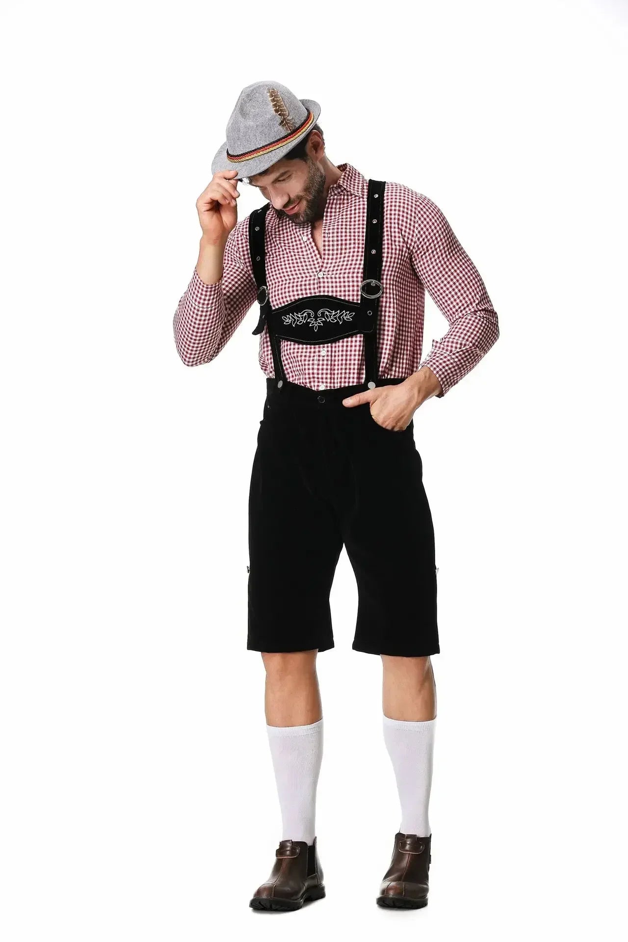 M-XXL Men Bavarian Oktoberfest Lederhosen Costume for Cosplay German Beer Festivals Suspenders Rompers Shirt Hat Set Outfit