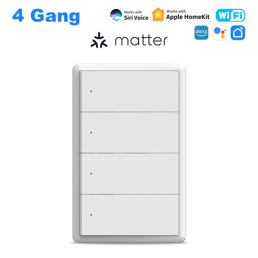 Manhot Matter WiFi Smart Wall Light Switch 1 2 3 4 Gangs with Neutral Wire Push  Physical Light Switches work with Homekit App
