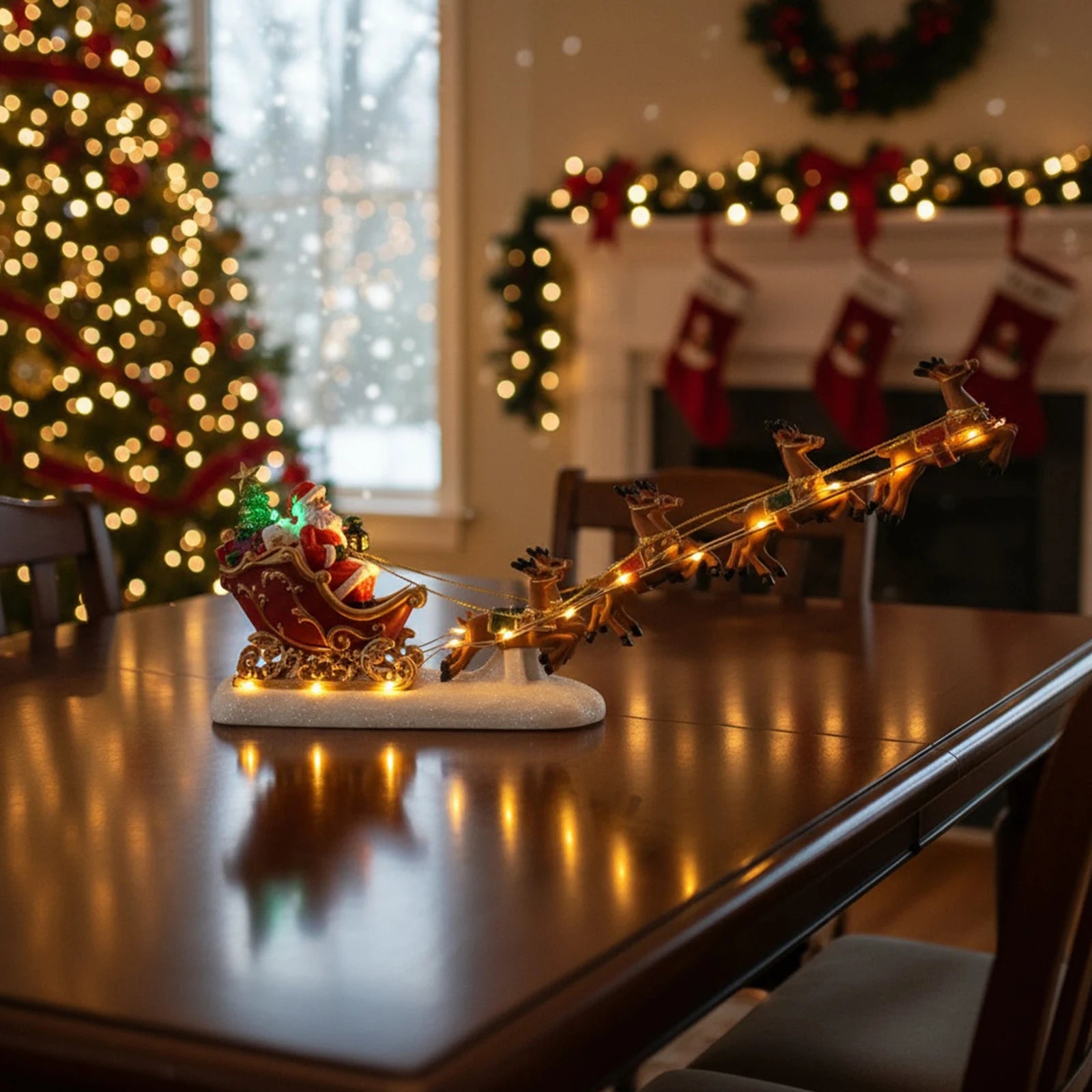 Christmas Santa Claus Sleigh and Reindeer Figurine with LED Lights Holiday Ornament Xmas Home Tabletop Decoration Gift