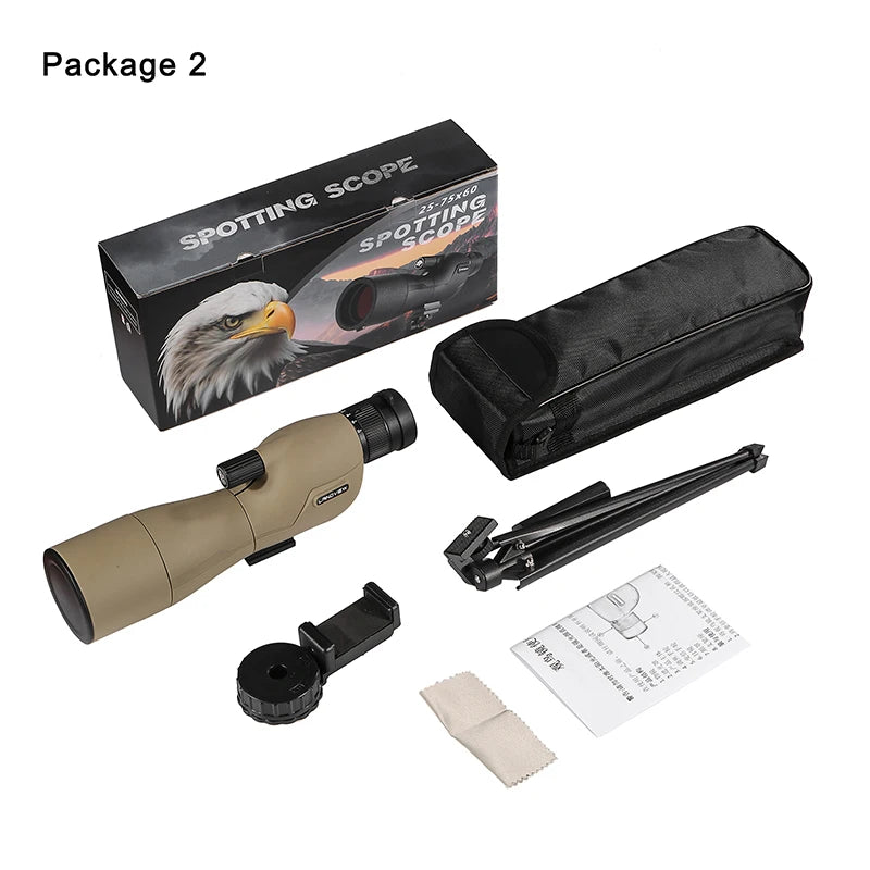 HD 25-75x60 Spotting Scope for Target Shooting with Carrying Pouch BAK4 Monocular Telescope FMC Lens for Hunting Birdwatching