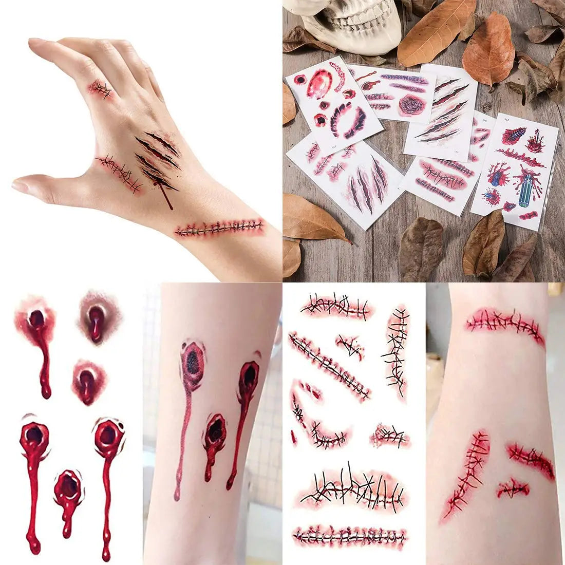 Halloween Temporary Scar Tattoos Sticker Realistic Bloody Wound Scab Body Face Decals for Makeup Masquerade Cosplay Party Prop