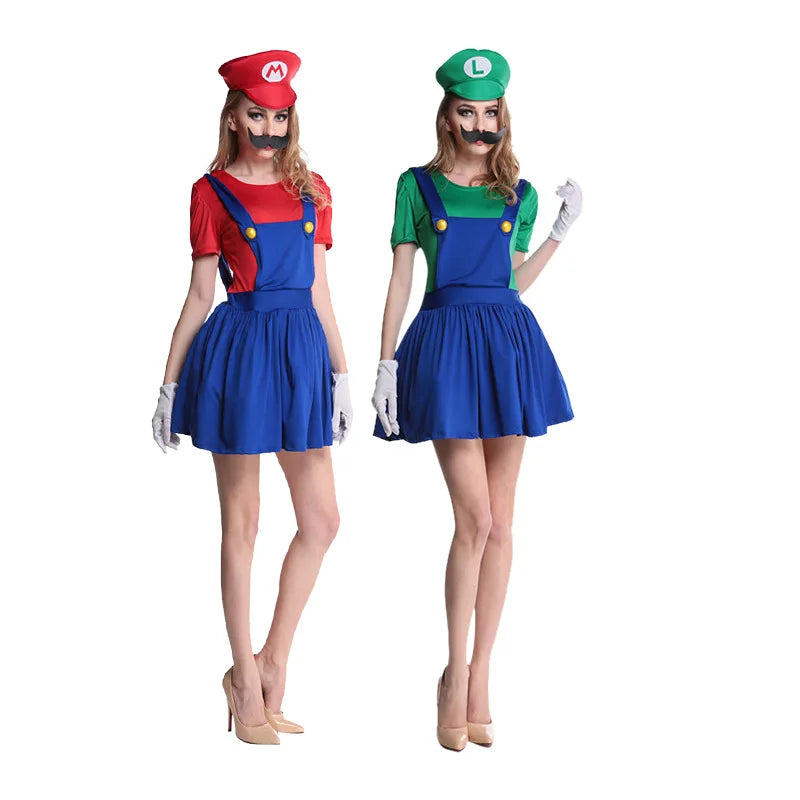 Disguised men's Luigi luxury adult costume super brother costume role-playing fancy dress set Halloween women's hat and beard