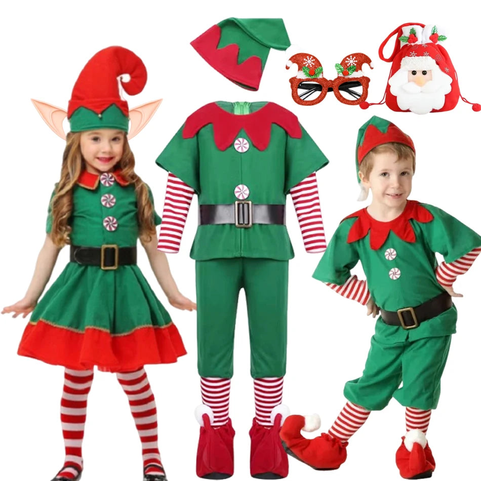 New Year Elf Costume For Kids Girl Boy Green Santa Claus Suit Set With Hat Children Fancy Christmas Party Dress Set Performance