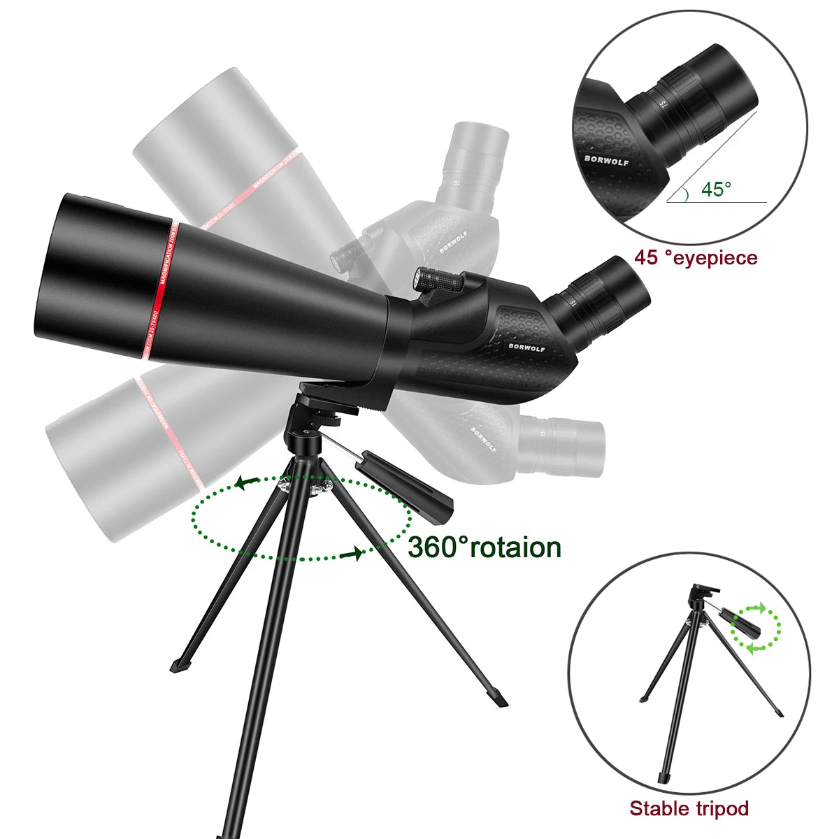 BORWOLF 25-75x80 Telescope Spotting Scope Powerful Zoom Monocular BAK4 Waterproof For Bird Watching Target Shotting With Tripod