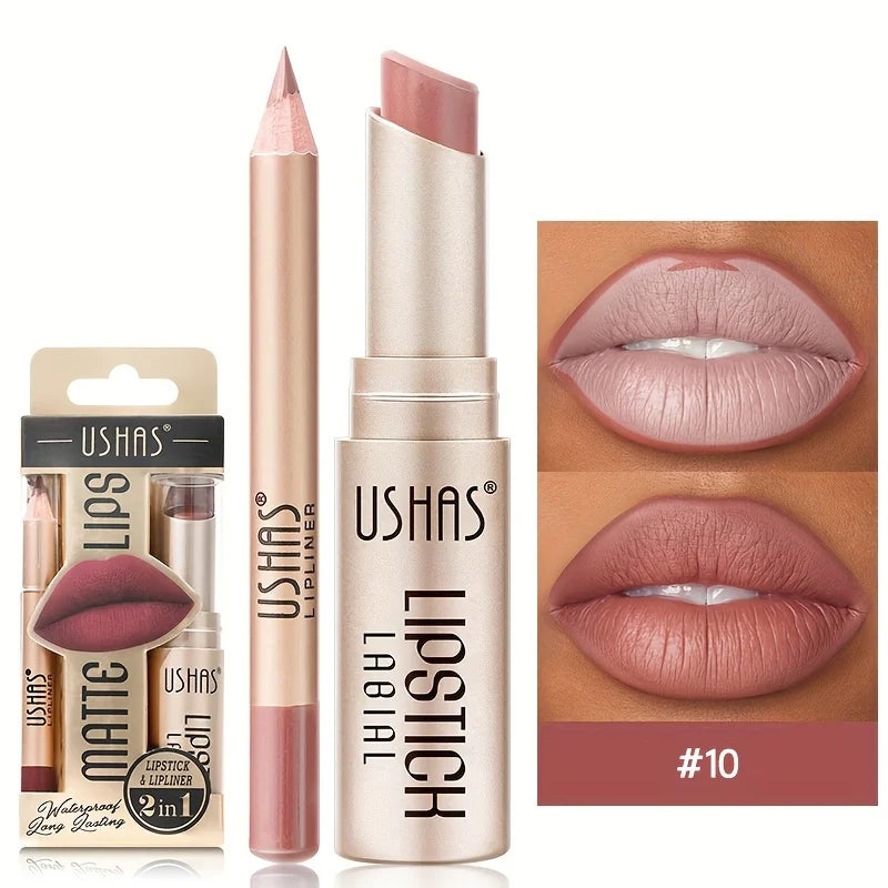 USHAS 12 Color Matte Lipstick Set Long-lasting Waterproof Lipstick + Lip Liner Set Easy Coloring Non-Stick Cup Lip Makeup Suit