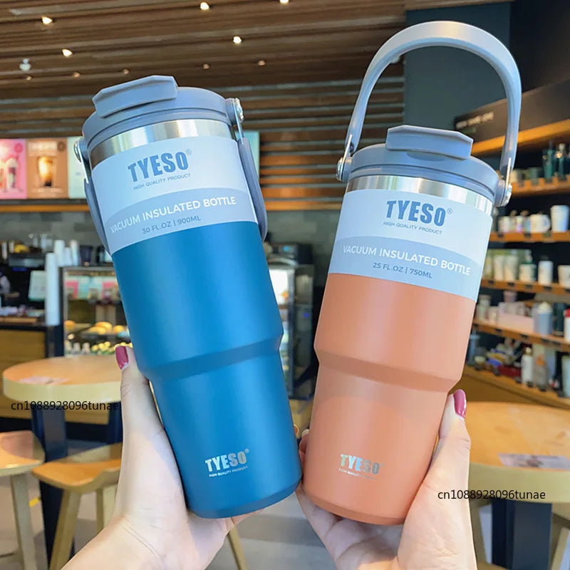Tyeso 600/750/900ML Car Coffee Cup Thermo Bottle with Straw Portable Sport Insulated Vacuum Flask Travel Thermal Water Bottle