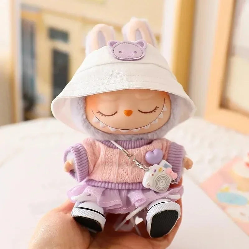 Mini Doll'S Clothes Outfit Accessories for 15-17cm Ropa Labubu & 10cm Cotton Doll Love Hoodie Pink Yarn Skirt Clothing no doll