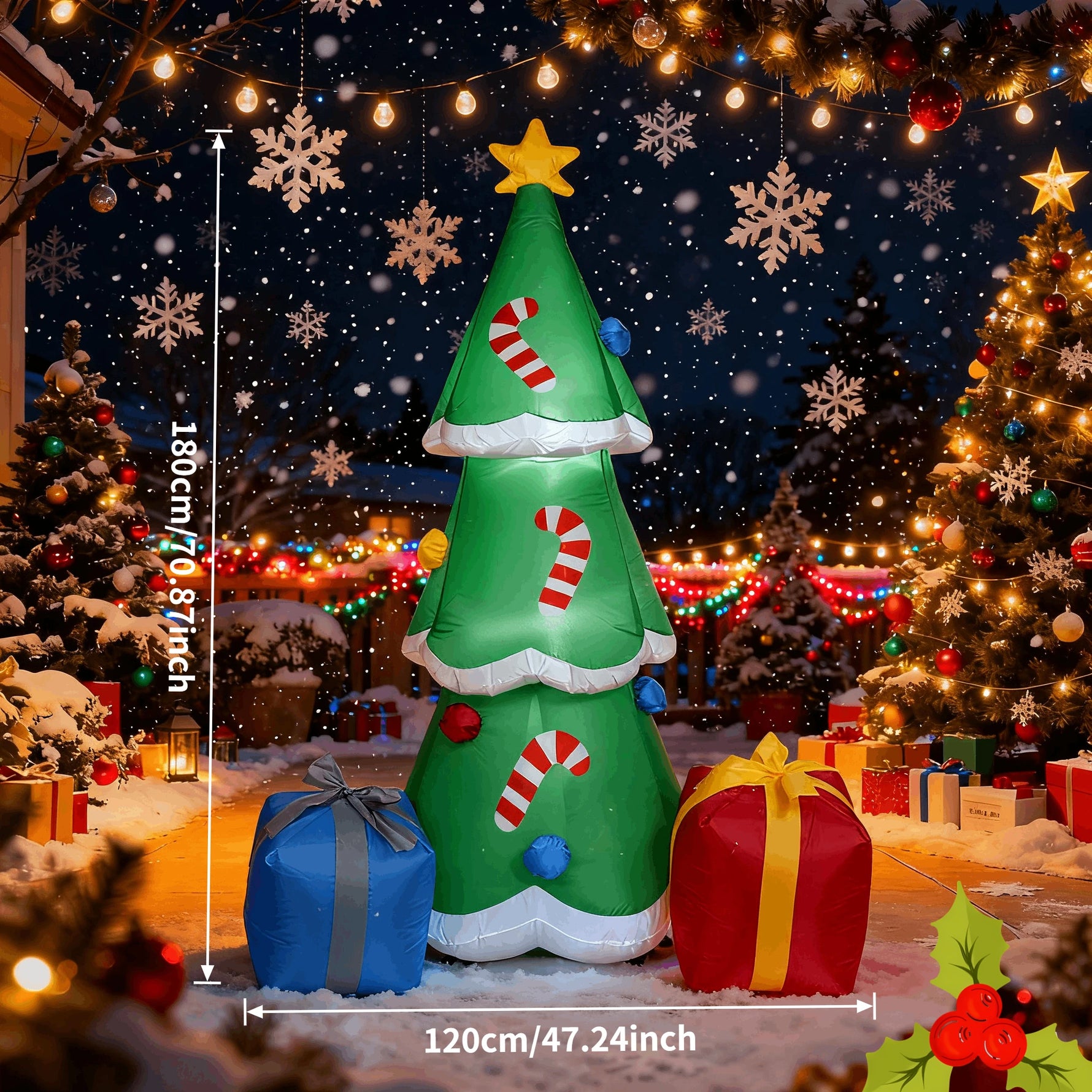 Christmas Inflatable Decorations - Branch Snowman, Santa Claus, Gingerbread Man, Gift Bag Snowman LED Light Lawn Decorations