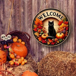 Autumn Round Welcome Sign, Black Cat & Fall Harvest Elements (Pumpkins, Maple Leaves), Wooden Hanging Wall Decor for Home Porch