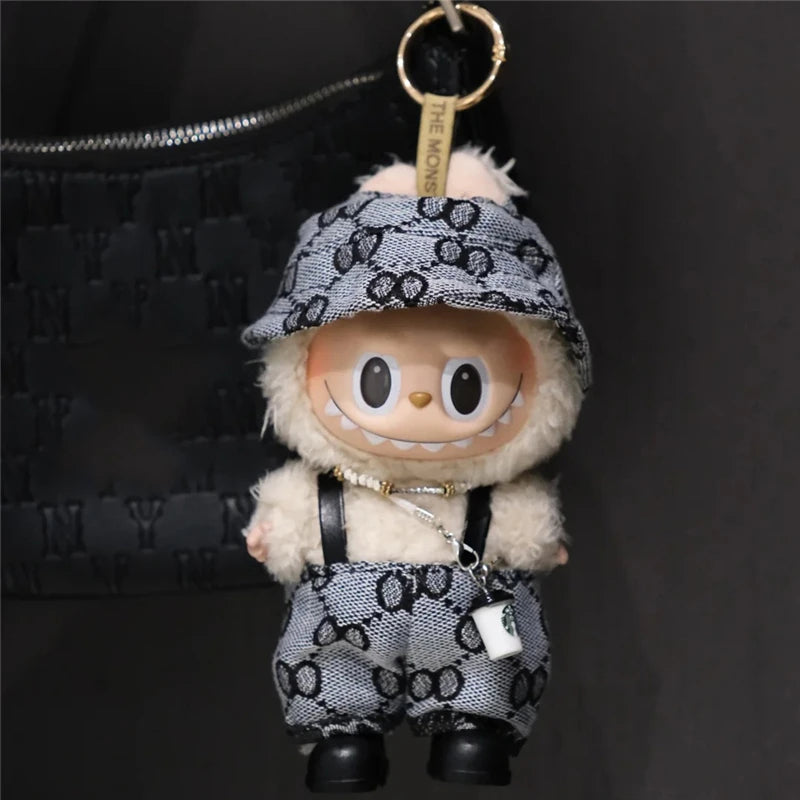 17cm For Labubu Doll Clothing Skirt Bowhair Accessory Set Retro Bib Pants Clothes Luxury Messenger Bag Shoes Set Sitting Party