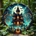 Classic Halloween Haunted House Iron Sign - Weather-Resistant Round Metal Decor for Door & Wreath