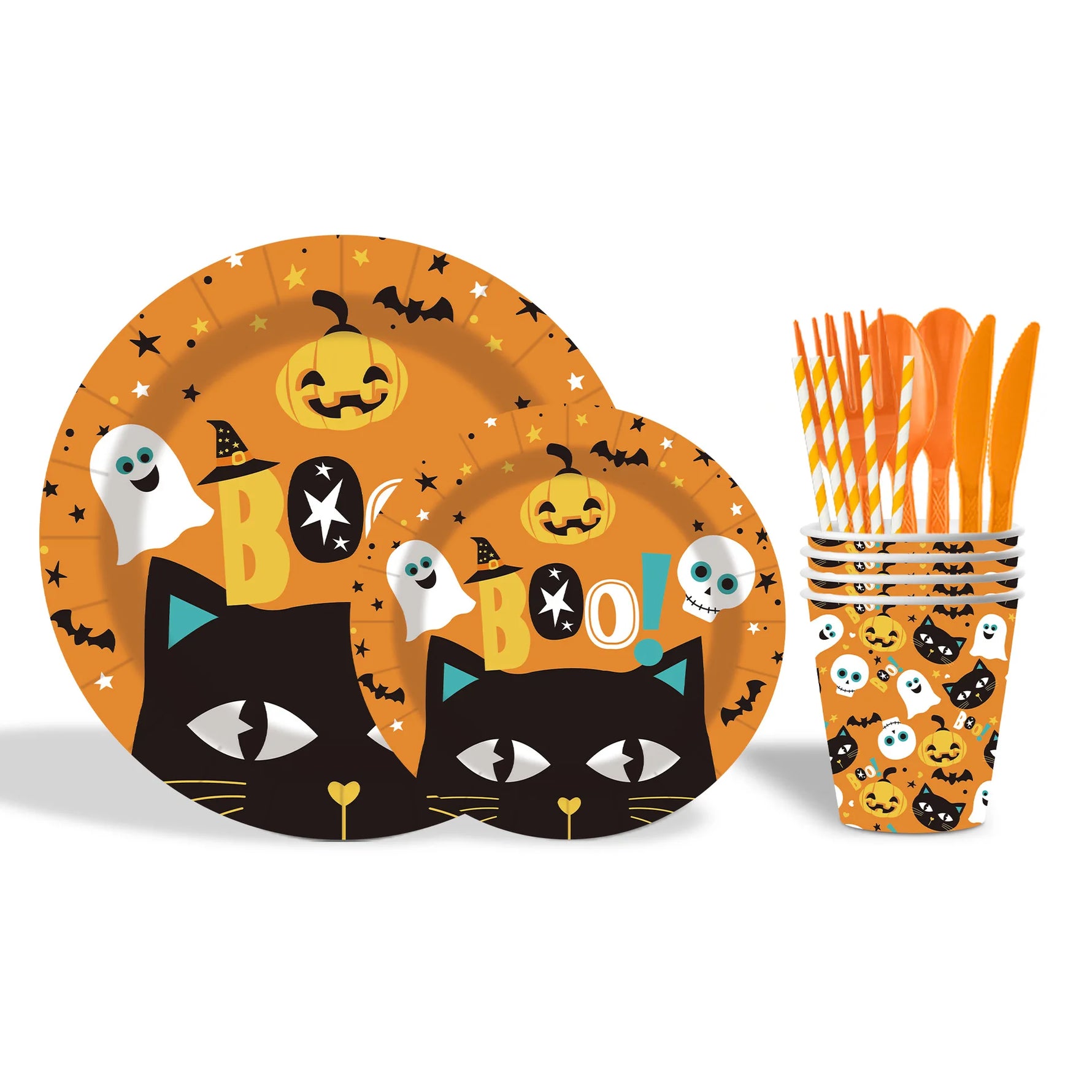 Halloween Black Cat Pumpkin Ghost Theme Festival Disposable Paper Plate Paper Cup Napkin Party Supplies
