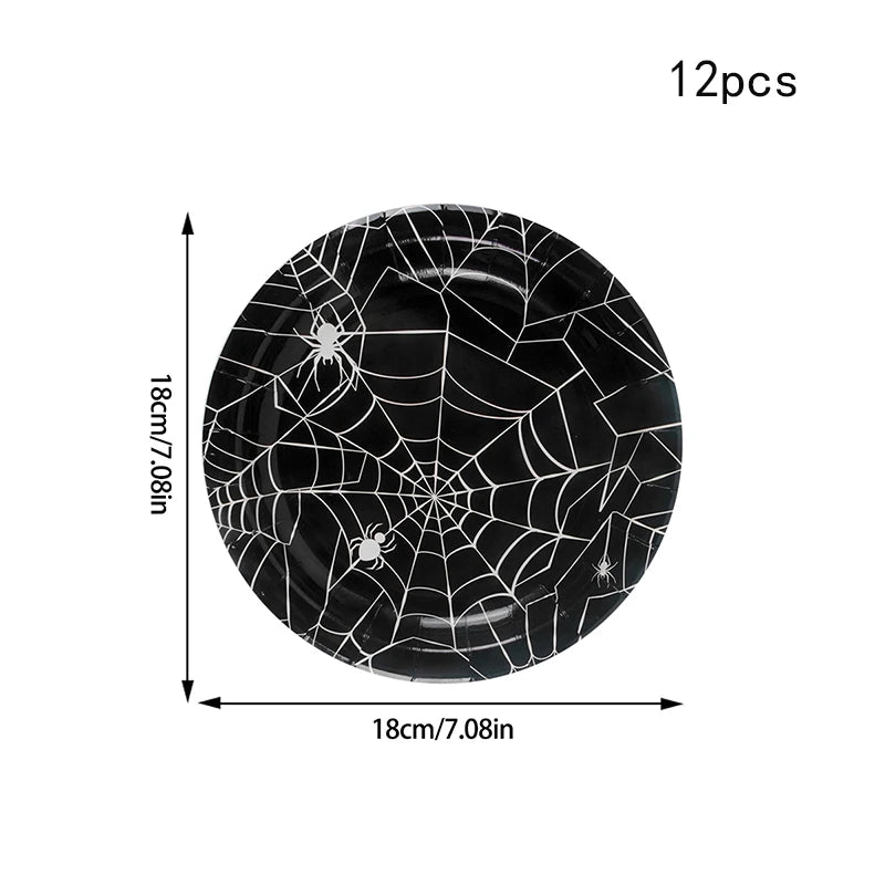 Halloween Party Spider Web Disposable Tableware Set Black Paper Plates Cups Napkin Halloween Birthday Party Decoration Supplies