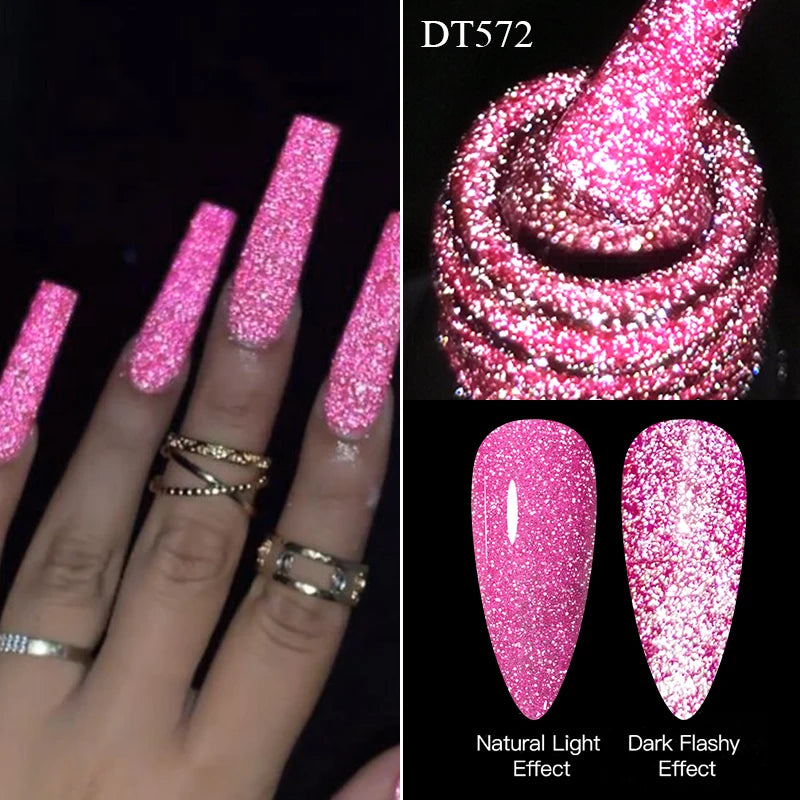 MEET ACROSS 7ml Pink Fluorescent Reflective Gel Nail Polish Glitter Neon Semi Permanent UV LED Gel Nail Art Varnish Manicure