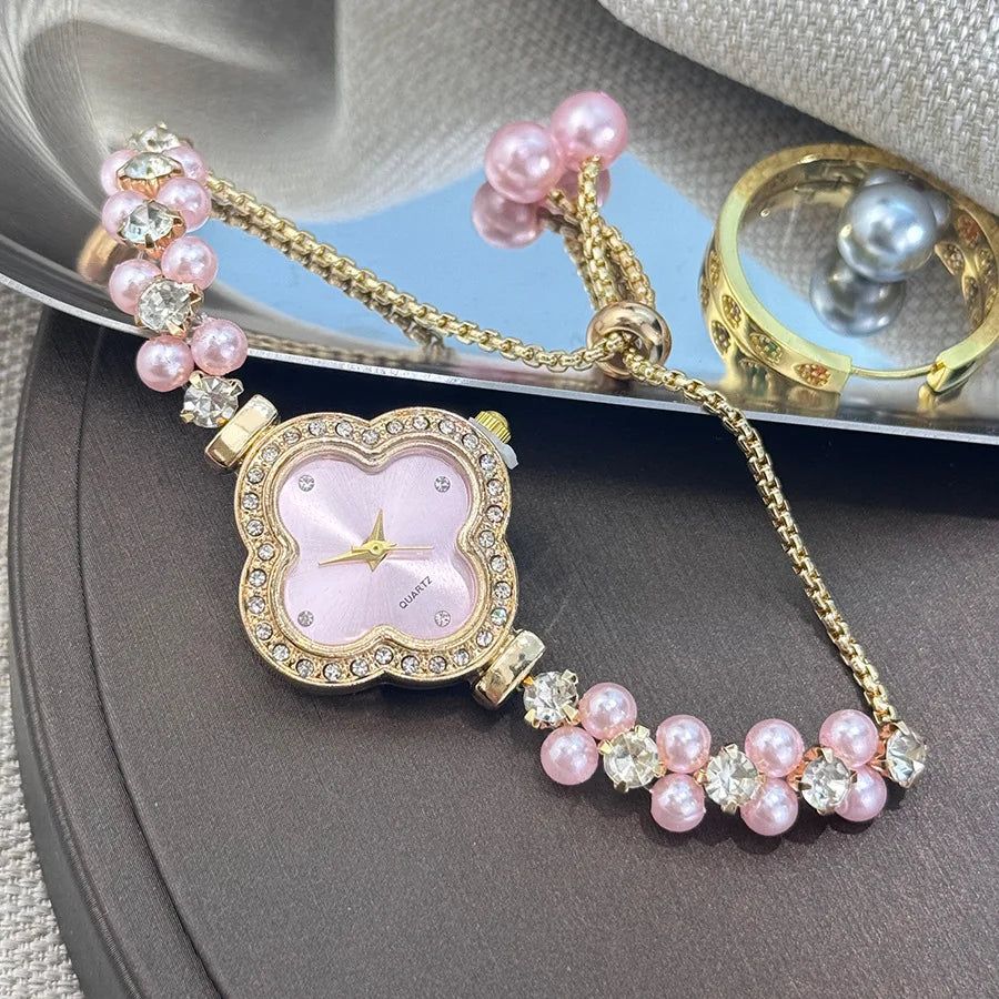 Diamond Set Color Light Luxury Drawstring Watch Exquisite Small Pearl Clover Drawstring Style Quartz Women's Watch