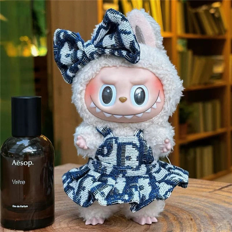 17cm For Labubu Doll Clothing Skirt Bowhair Accessory Set Retro Bib Pants Clothes Luxury Messenger Bag Shoes Set Sitting Party