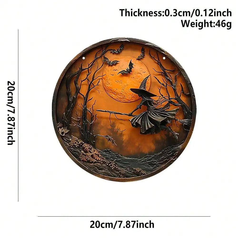 1pc Halloween 3D - Effect Witch Wall Decor, Round Hanging Sign with Bat & Moon Scene, Spooky Festive Home Decoration