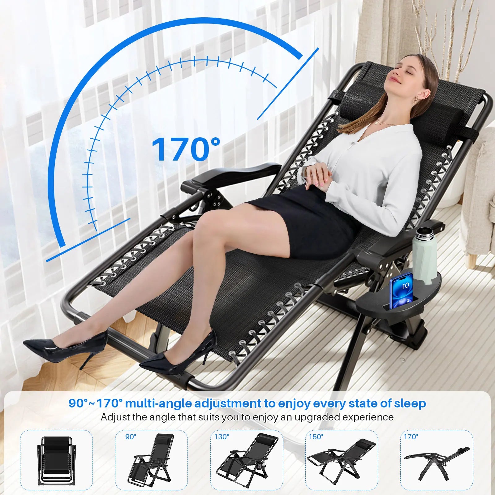 Garden Sunloungers Outdoor Textilene Adjustable Zero Gravity Folding Reclining Lounge Chair with Cup Holder and Headrest Pillow