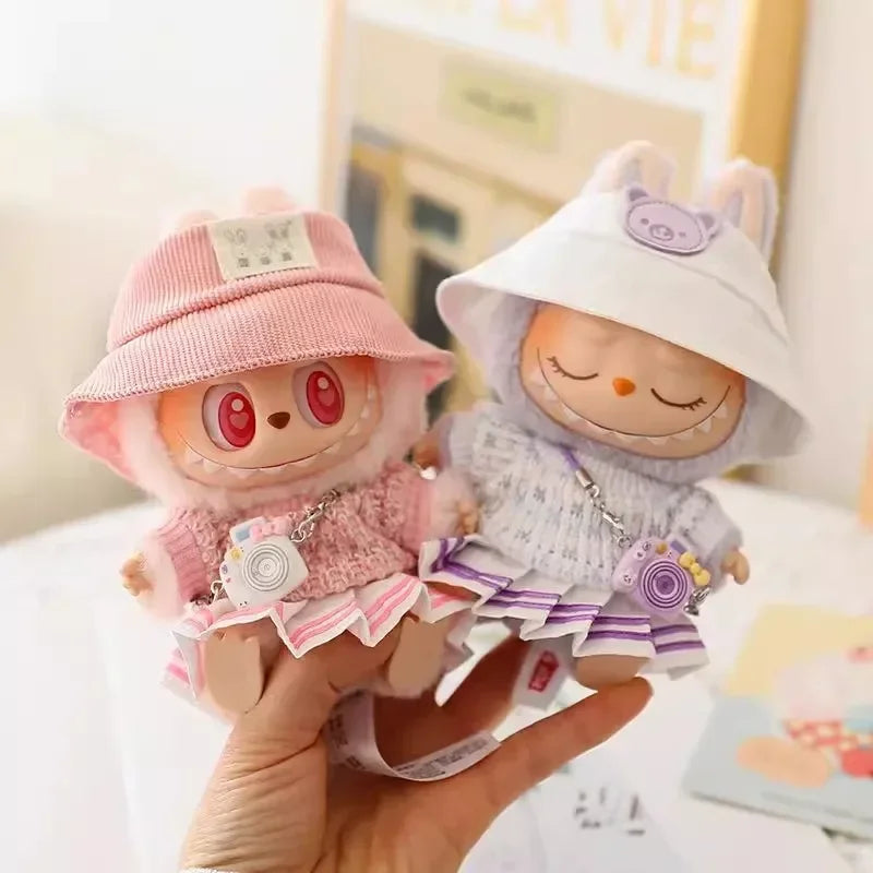 17cm Labubu Doll Clothes Set for Ropa Labubu Macaron Dolls JK Pleated Skirt with Camera and Shoes
