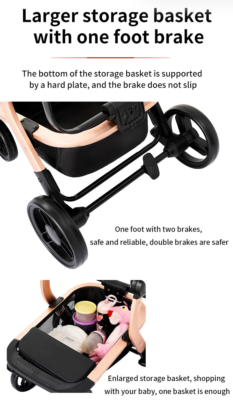 Lightweight Baby Stroller 3 in 1 Stroller PU Leather Stroller for Newborn Baby Car Seat Portable Baby Cart Pram High Landscape