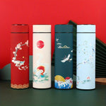 1pc Chinese Style Thermal Water Bottle, Retro Smart Temperature Display Insulated Cup, Stainless Steel Water Cup