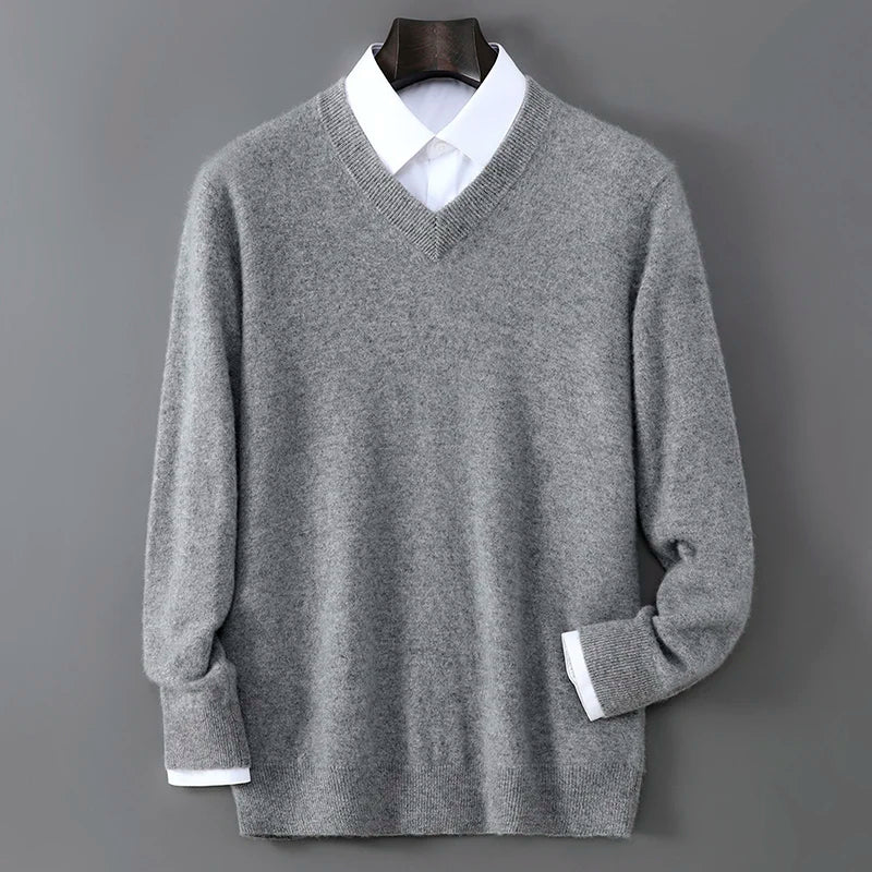 V-Neck Men's 100% Pure Wool Pullover Knitted Sweater, Business Casual Solid Color Simple Long Sleeved Fashionable Loose Warm Top