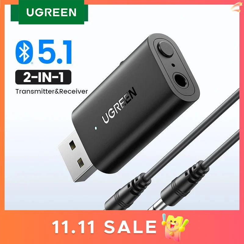 UGREEN 2 in 1 Bluetooth Car Adapter Bluetooth 5.1 Stereo Transmitter Receiver Wireless 3.5mm Aux Jack Adapter Car Kit Mic