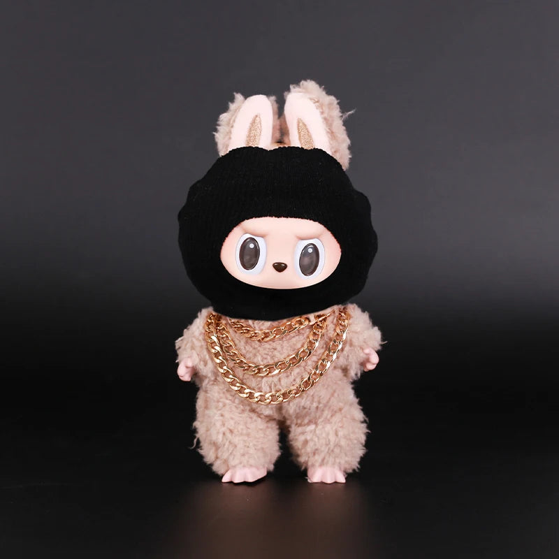 Luxury Tidal Current Labubu Black Hip Hop Mask Knitted Hat Accessories 3-Layer Big Gold Chain Street Fashion Doll Ornaments