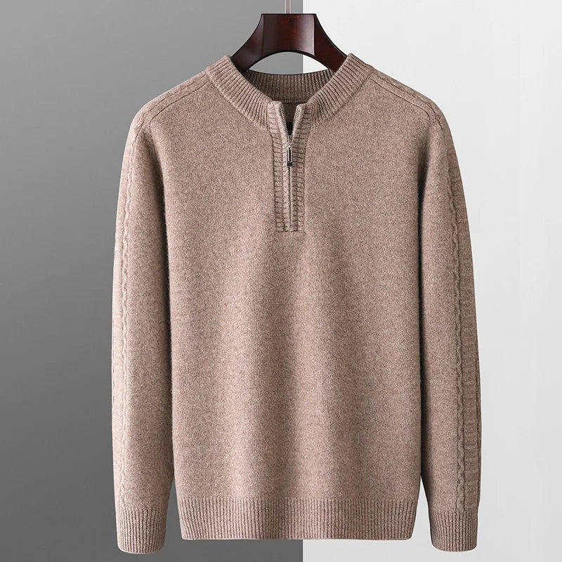 100% pure wool sweater round neck men's thick solid color long sleeved pullover sweater zipper wool knit winter cashmere sweater