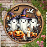 Halloween Witch Hat Circular Wooden Sign - Cute Ghost, Pumpkin, Bat Design, Suitable for Home Kitchen, Garden Porch Decoration