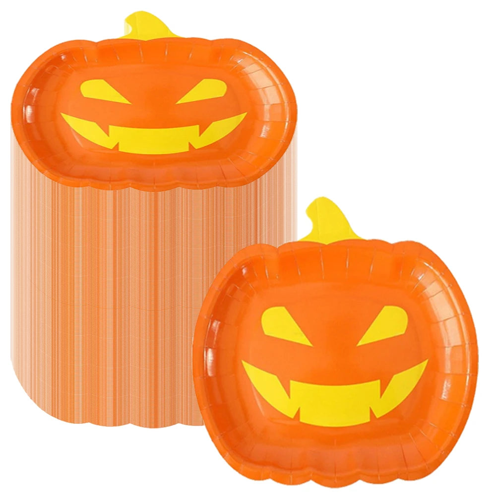 10/50pcs Halloween Pumpkin Paper Plates Cute Grimace Orange Pumpkin Shape Disposable Plates 7'' Halloween Tableware Decorations