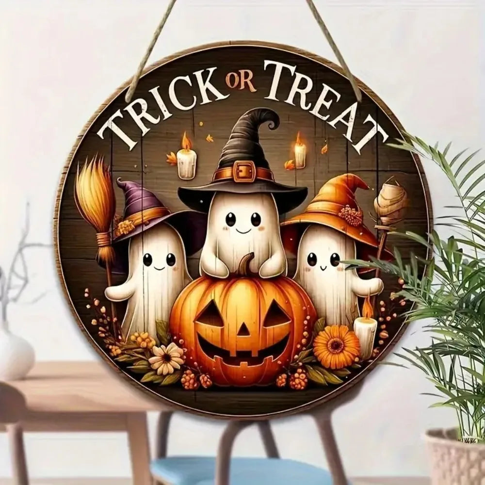 Halloween Round Wooden Signage - Cute Ghost, Pumpkin, Witch Hat Design, Suitable for Home, Door, Garden, Halloween Decoration