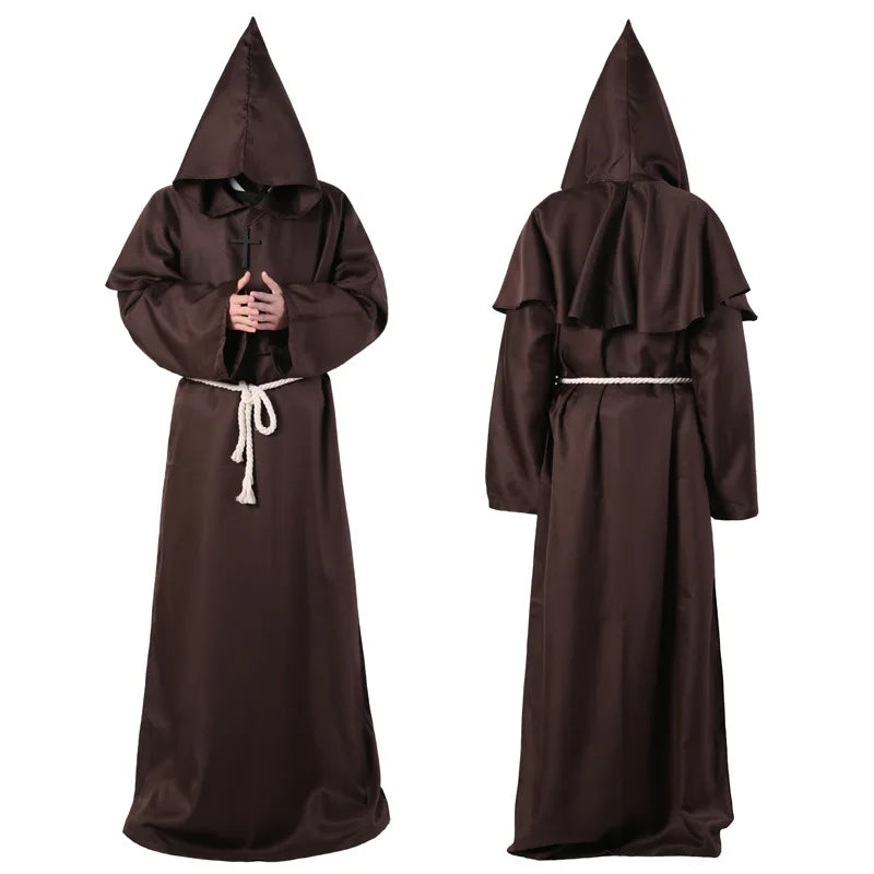 Adult Medieval Wizard Robe with Hood Halloween Priest Costume Gothic Cloak for Cosplay Performance Includes Belt and Cross