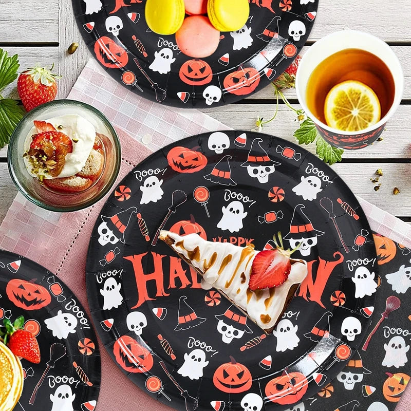 Halloween Disposable Tableware Halloween Party Decoration Spooky Pumpkin Paper Plates Napkins Cups Trick or Treat Party Supplies