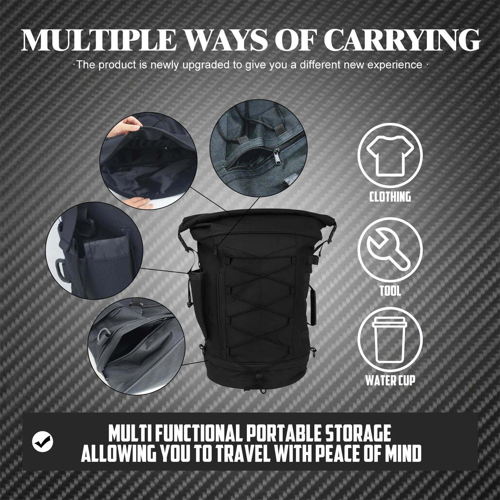 Motorcycle 50L Luggage Backpack Multifunction Tail Rack Bag Travel Outdoor Sports Expandable Sissy Bar Backrest Bag With Straps