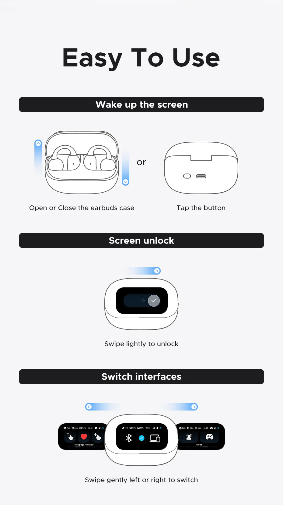 UGREEN LCD Full Color Smart Screen Wireless TWS Bluetooth Earphones Earbuds Open Clip Ear Headphones AI Call Noise Cancellation