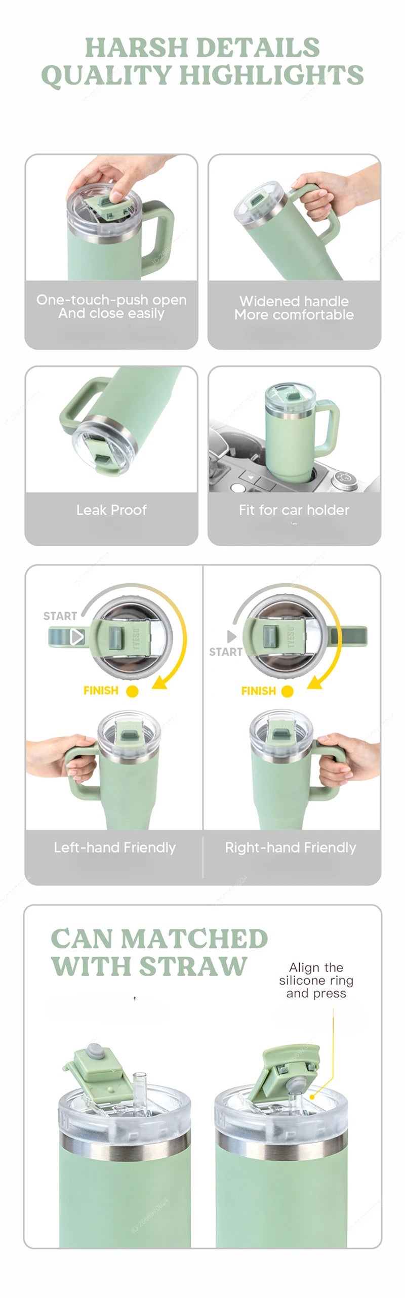 Tyeso 900/1200ML Tumbler Bottle Stainless Steel Car Mug With Handle Straw Thermal Iced Travel Vacuum Insulated Coffee Hot Cup