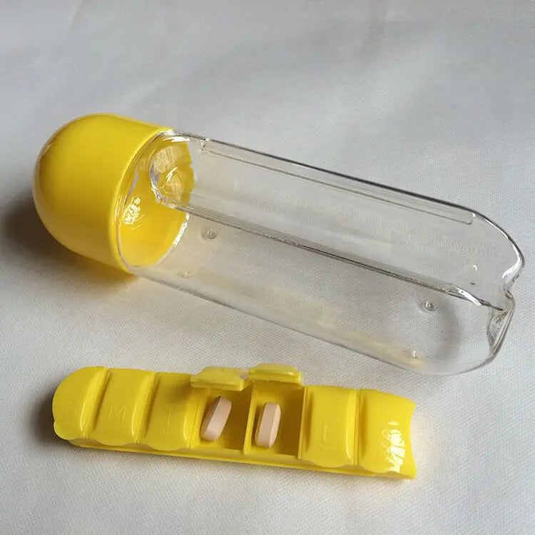 Portable Water Bottle with Built-in Pill Box for Medicines, Vitamins, Perfect for Outdoor, Gym, Fitness, Camping and Traveling