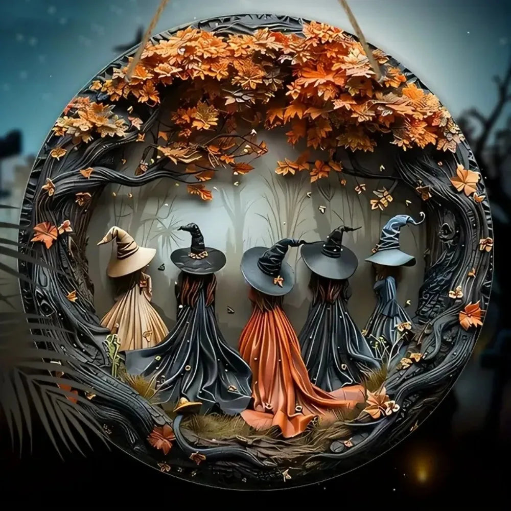 2D Exquisite Witch and Autumn Leaves - Halloween Circular Wooden Sign, Suitable for Home, Restaurant, Bar, Door Decoration Gifts