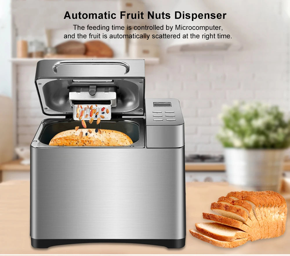 Biolomix 1KG 19-in-1 Stainless Steel Automatic Bread Maker 650W Programmable with Fruit Nut Dispenser Kitchen Appliance