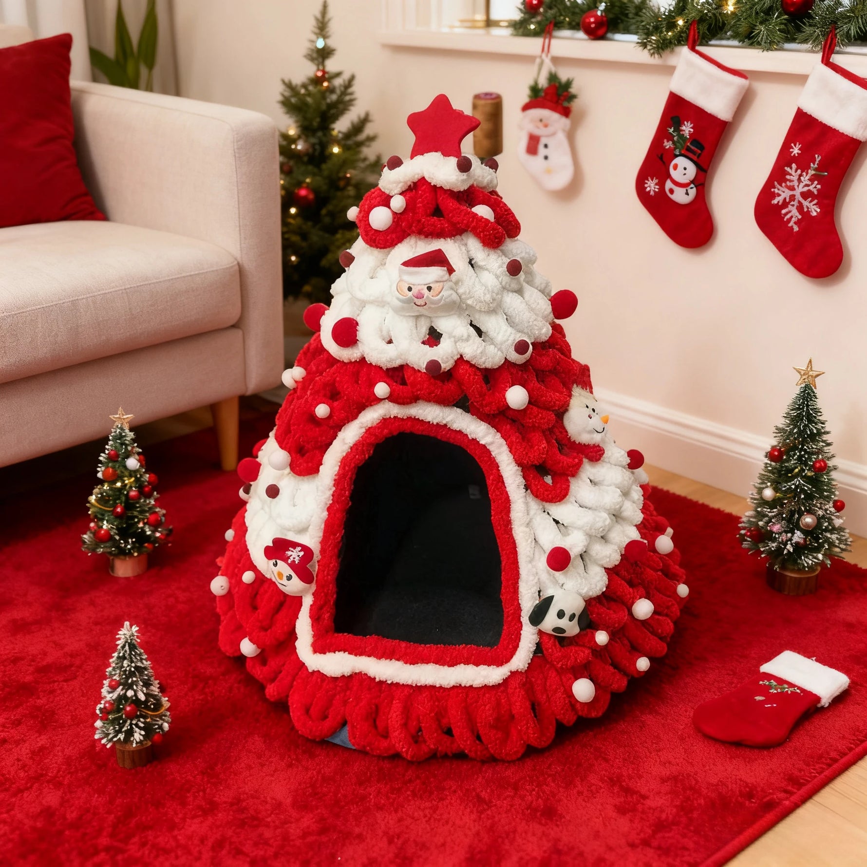 Winter Christmas Tree Cat Nest Handmade /Finished Cat Bed /Winter Warmth Semi Enclosed Dog Nest Felt Cone Pet House 크리스마스 고양이 굴