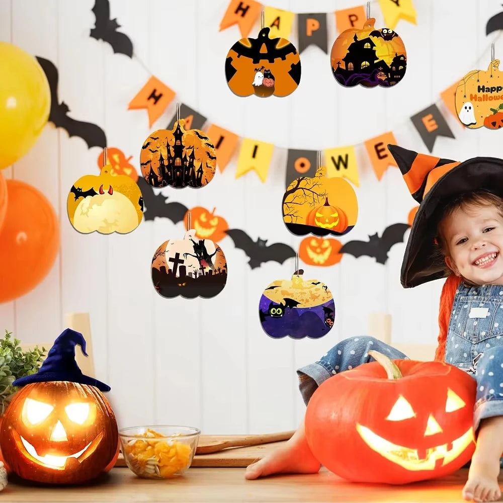 10/20pcs Wooden Pumpkin Cutouts Halloween Pumpkin Wood Ornaments with Rope Pumpkin Wooden Decorative for DIY Wood Chips