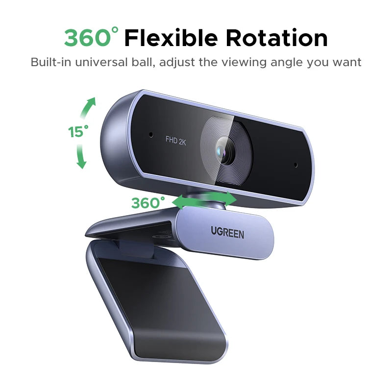 【RU】 UGREEN 2K Web cam with Microphone, Full HD 2K, Auto Light Correction, Video Webcam for Streaming