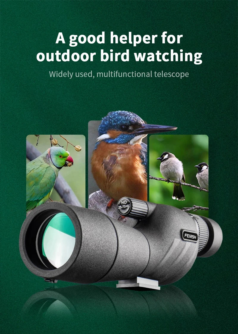 25-75x60 HD Spotting Scope Powerful Monocular Zoom Telescope Prism Waterproof for Birdwatching Target Shooting Camping
