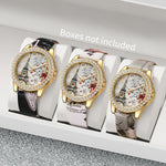 3/4/5PCS Fashion Rhinestone Women's Watch Flowers Printed Leather Band Female Quartz Watches Bracelets Set（Without Box）