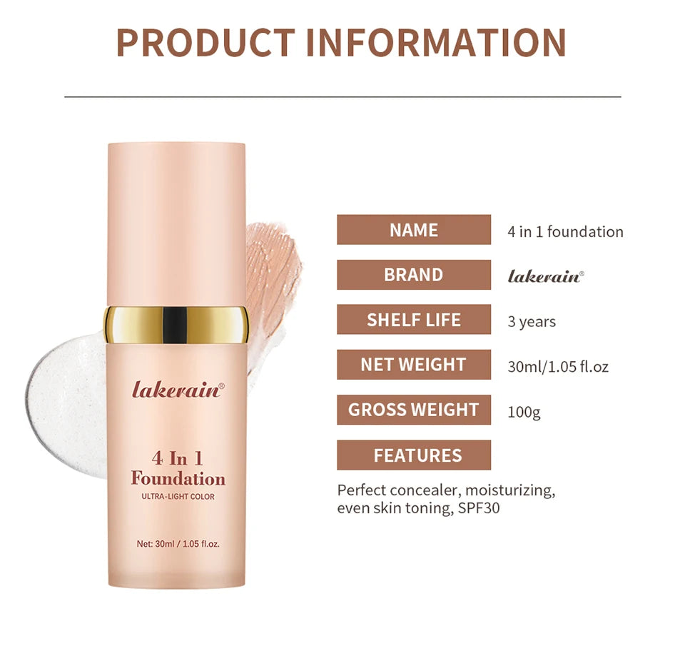 Color Changing Foundation 4 in 1 Moisturizing SPF 30+ Hydrating Color Longwearing Waterproof Travel Coverage Makeup Base