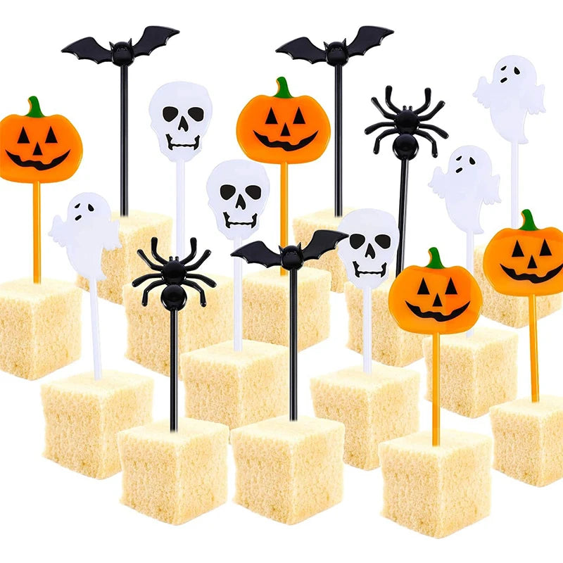 20/50Pcs Halloween Toothpicks DIY Cupcake Topper Pumpkin Ghost Dessert Fruit Picks Sticks Halloween Party Decoration Supplies