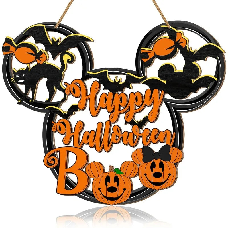 Happy Halloween Mouse Door Sign - Hollow-Out Wooden Decor with Black Cat, Mouse Bat & Pumpkin BOO for Porch or Wall Hanging