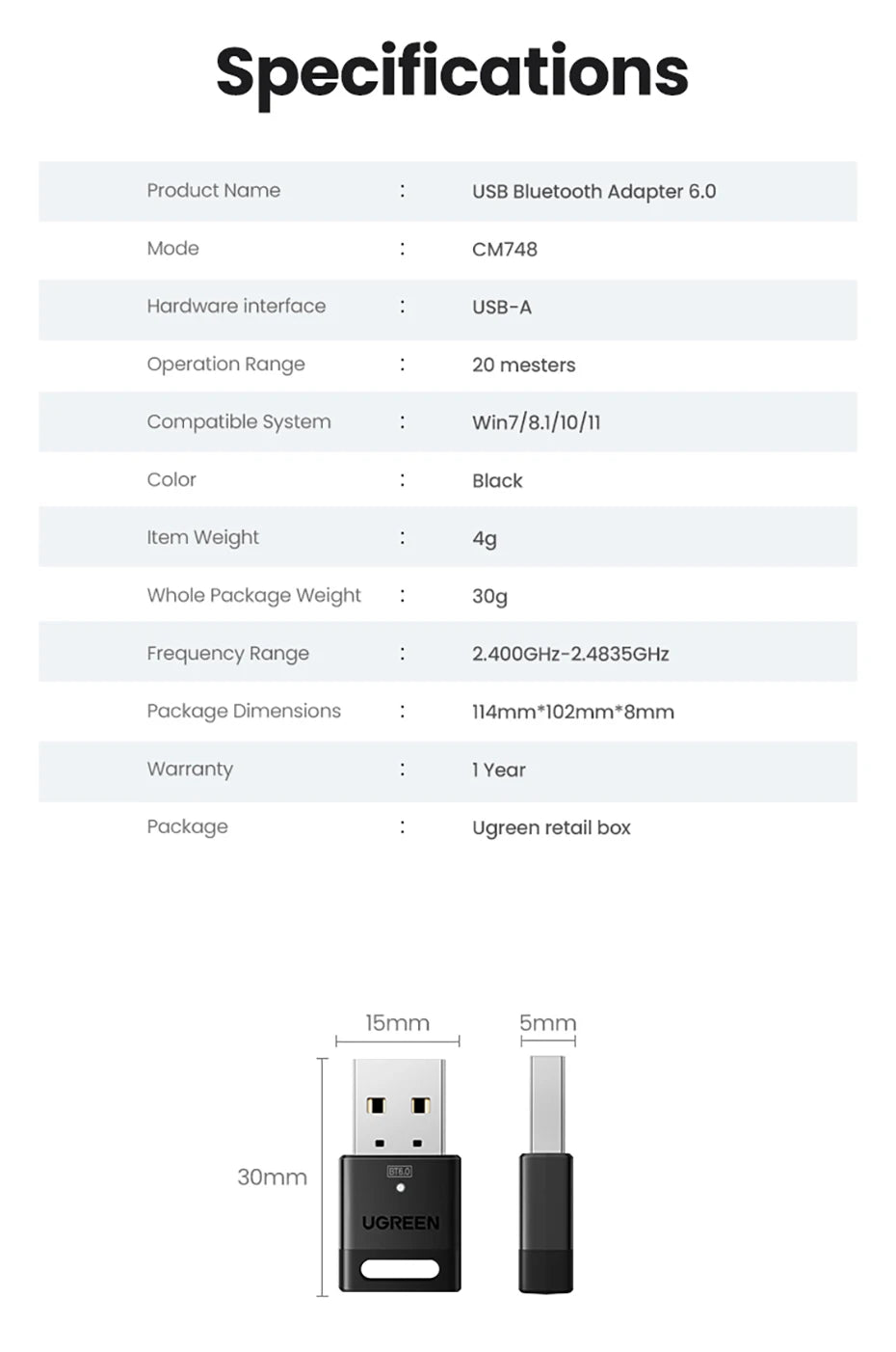 UGREEN USB Bluetooth Adapter, Bluetooth 6.0 Dongle for PC Windows 11/10/8.1, Bluetooth Receiver & Transmitter for Keyboard/Mouse