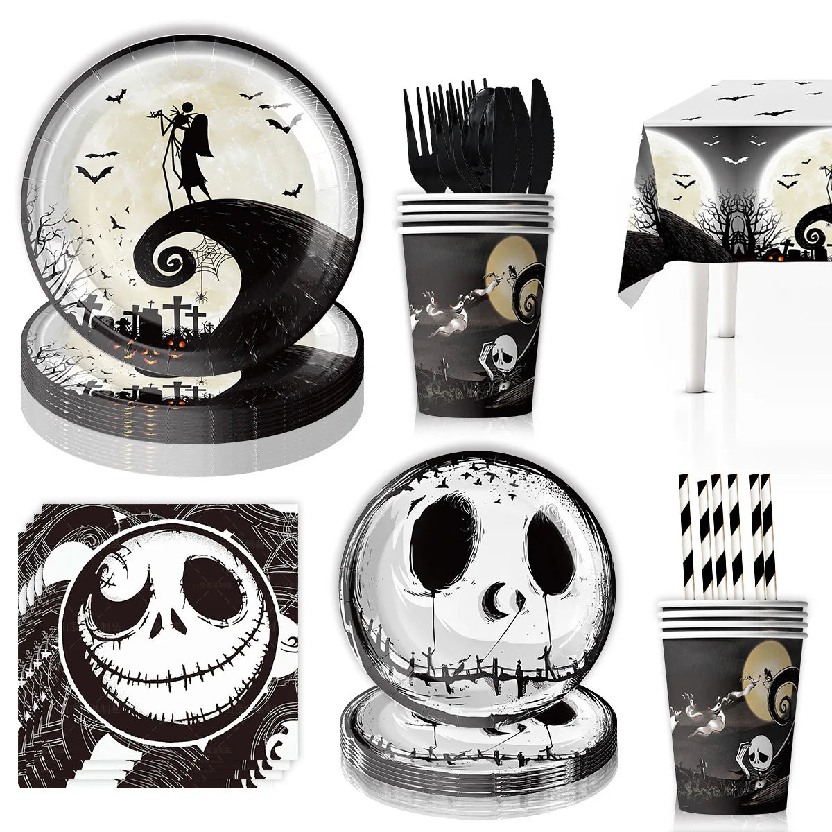 Halloween Tableware Set Horror Themed Disposable Party Tableware Festival Decoration Props Banner Paper Plates Tablecloth Set